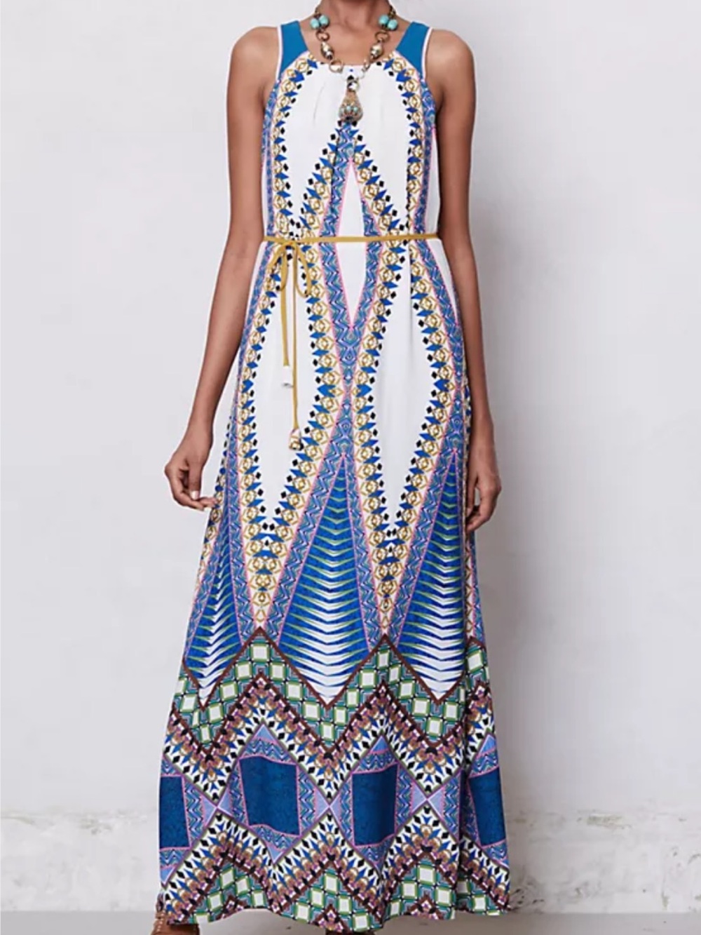 Maeve White, Blue & Gold Patterned Maxi Dress